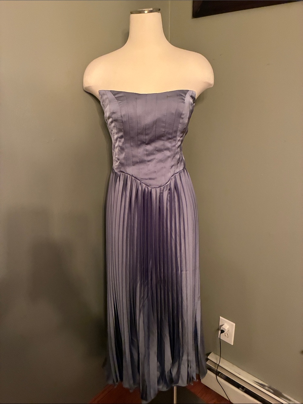 Strapless Pleated Satin Corseted  Midi Dress in Steel Blue